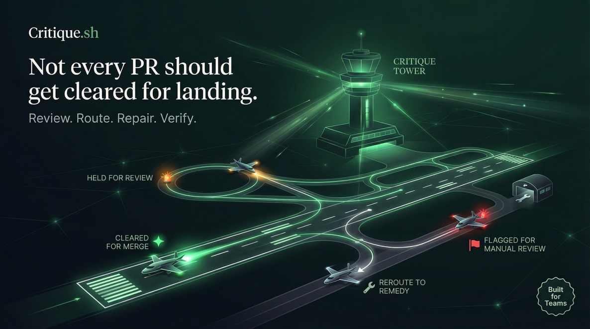 Critique control tower metaphor: glowing runways and aircraft representing pull request review stages