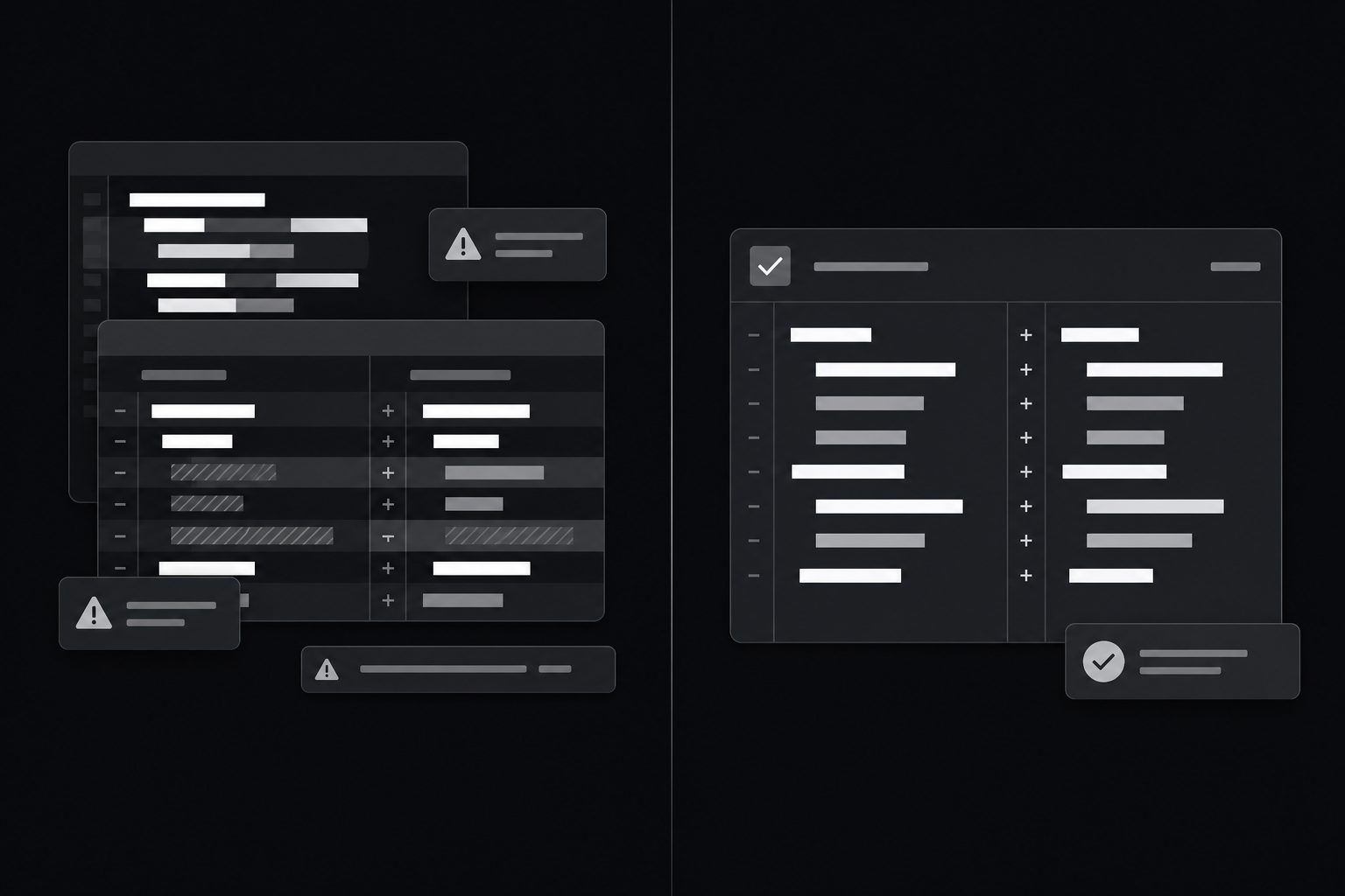 Side-by-side illustration contrasting a noisy prompt-only PR review with a calibrated skill-guided review
