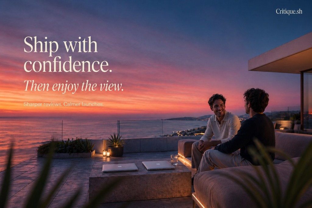 Ship with confidence. Then enjoy the view. Critique brand creative