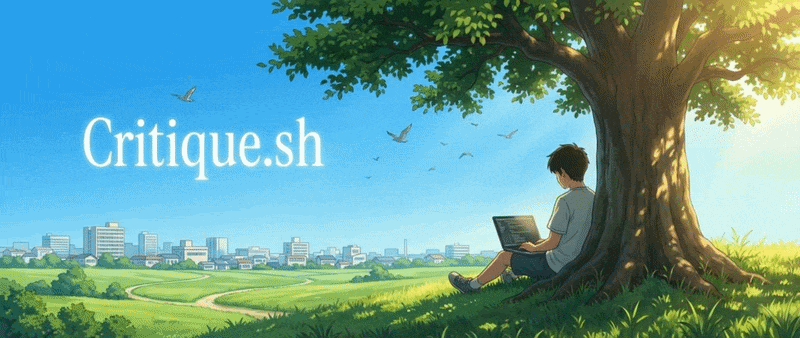 Critique.sh: developer under a tree, building calmly in the field